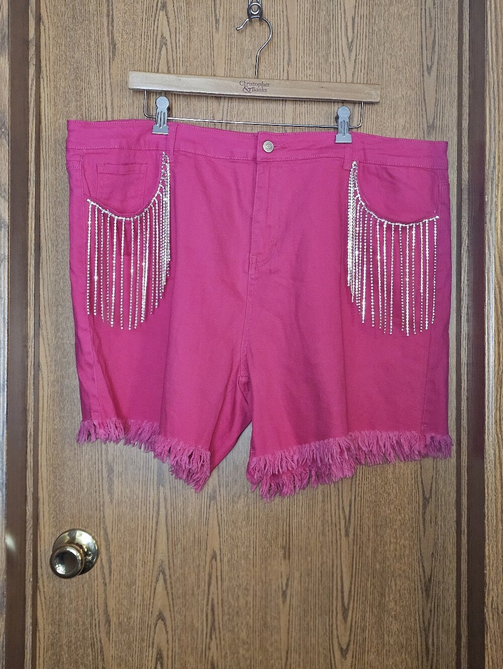 Women's Hot Pink Fringe Pocket Shorts with Rhinestone Tassels